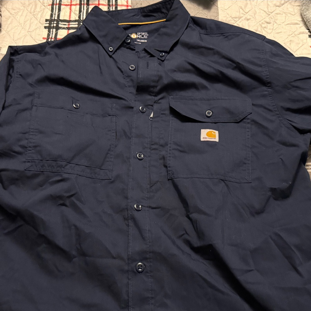 Carhartt Dark Navy Button-Up Work Shirt with Pocket Patch
